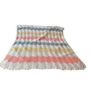 Handmade baby chevron blanket knit pink blue yellow white 60x42 inches